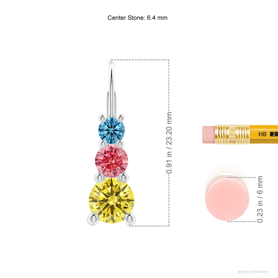 6.4mm Labgrown Round Lab-Grown Fancy Intense Multi-Colour Diamond Three Stone Leverback Earrings in P950 Platinum ruler