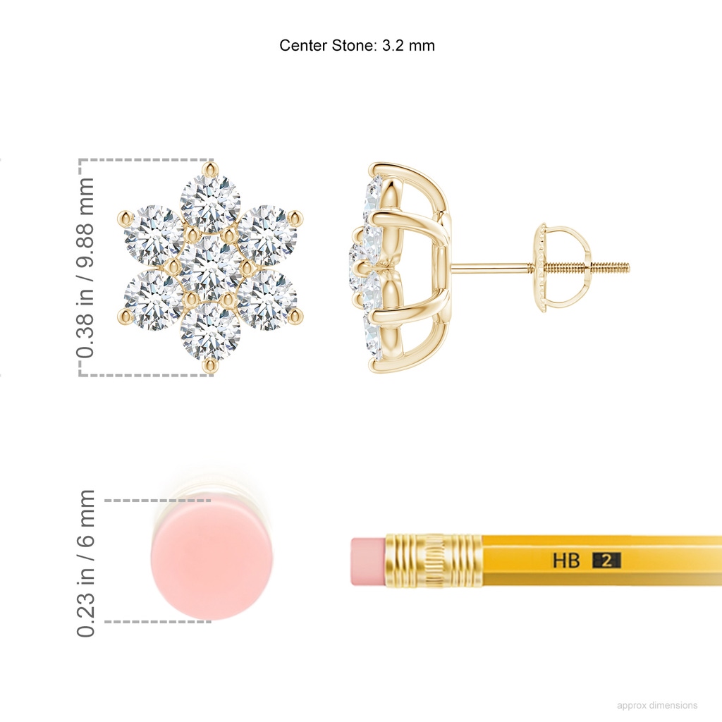3.25mm FGVS Lab-Grown Diamond Flower-Shaped Stud Earrings in Yellow Gold ruler