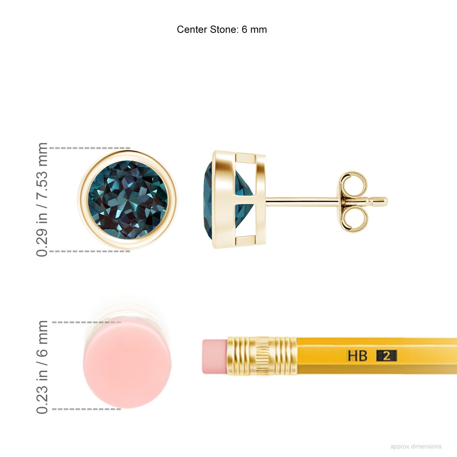 6mm Labgrown Bezel-Set Lab-Grown Alexandrite Solitaire Stud Earrings in Yellow Gold ruler