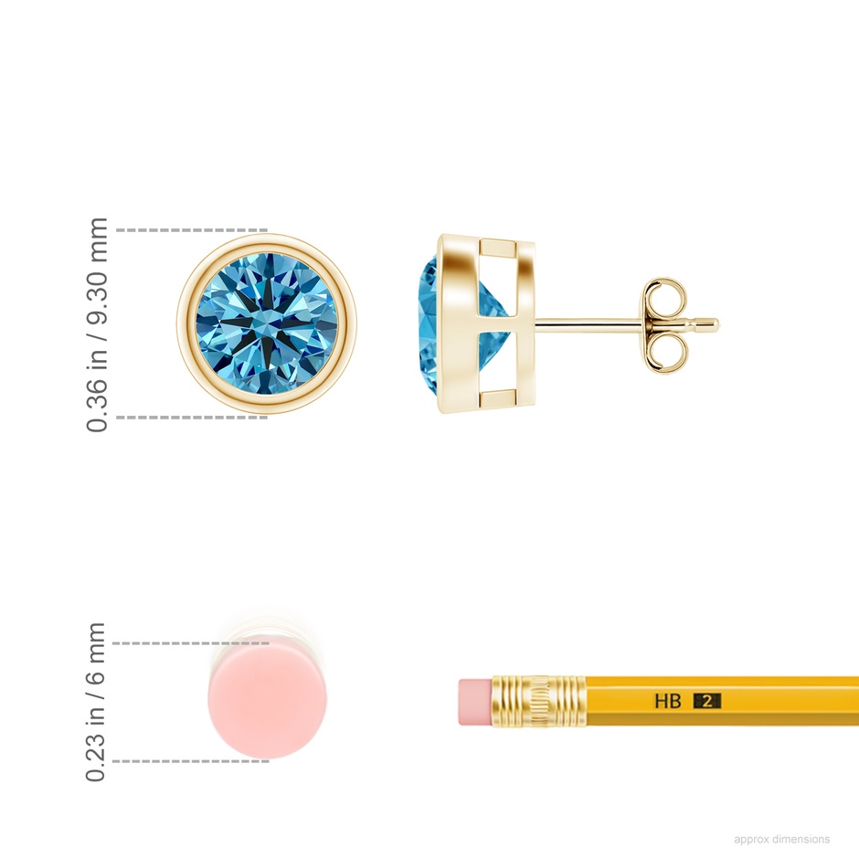 7.4mm Labgrown Bezel-Set Lab-Grown Fancy Intense Blue Diamond Solitaire Stud Earrings in Yellow Gold ruler