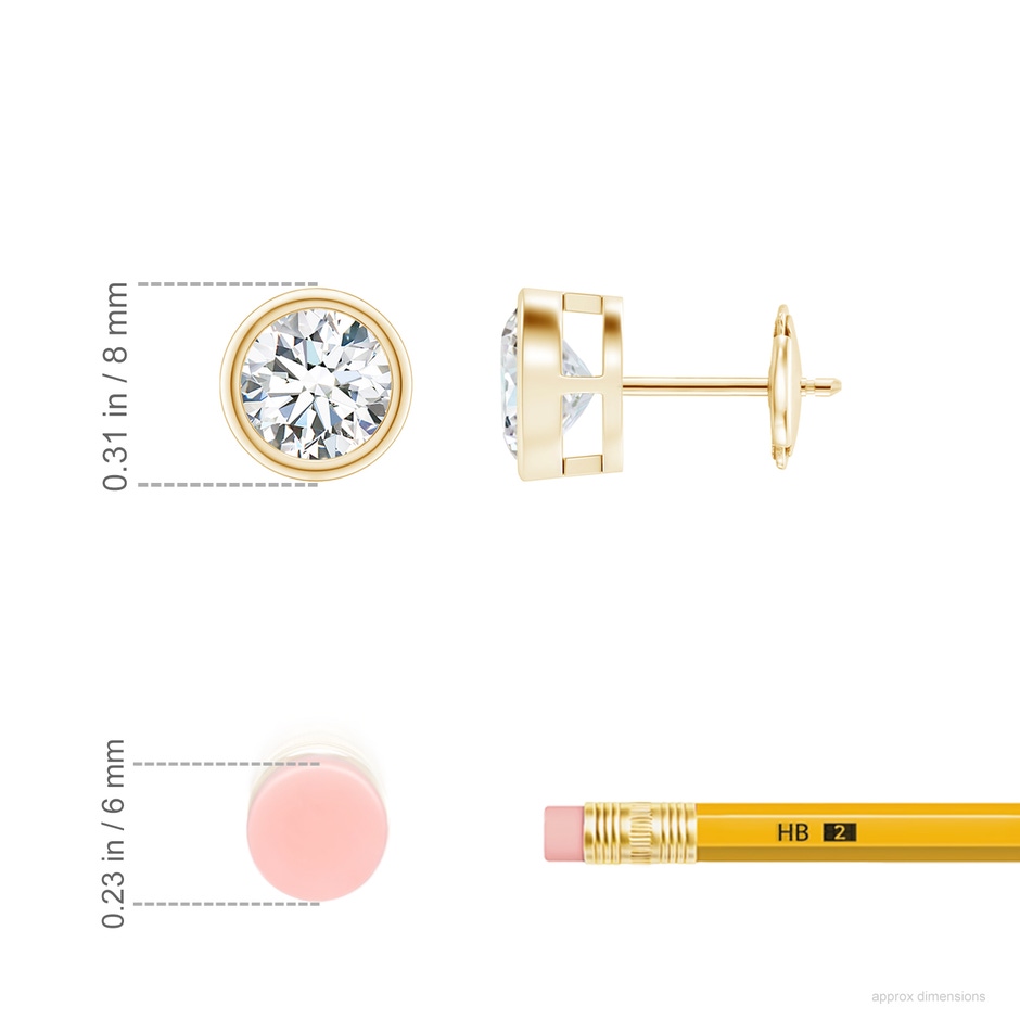 6.4mm FGVS Lab-Grown Bezel-Set Diamond Solitaire Stud Earrings in Yellow Gold ruler