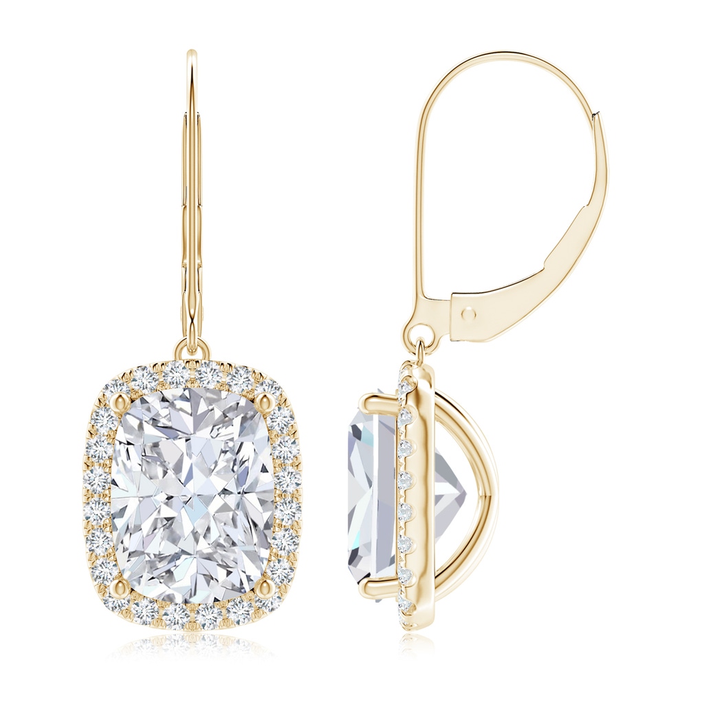 10x7.5mm FGVS Lab-Grown Cushion Diamond Leverback Earrings with Halo in Yellow Gold