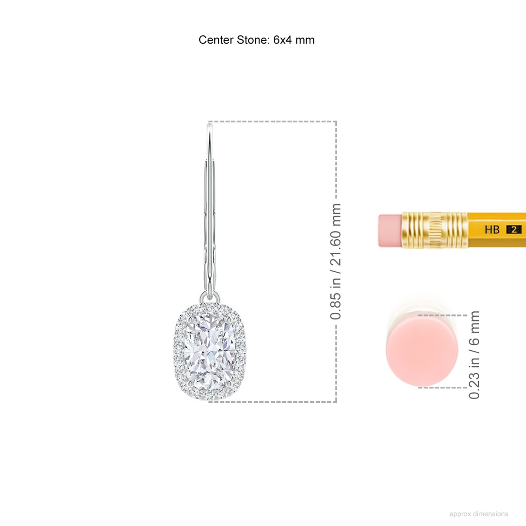 6x4mm FGVS Lab-Grown Cushion Diamond Leverback Earrings with Halo in P950 Platinum ruler