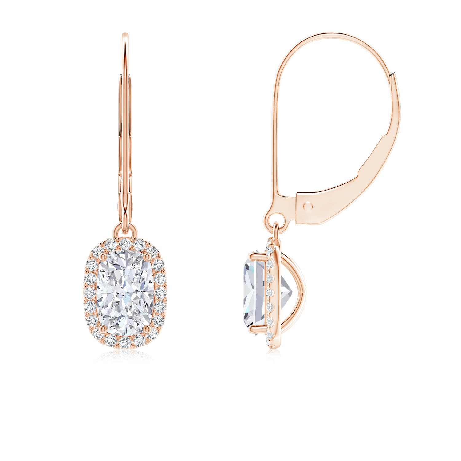 6x4mm FGVS Lab-Grown Cushion Diamond Leverback Earrings with Halo in Rose Gold
