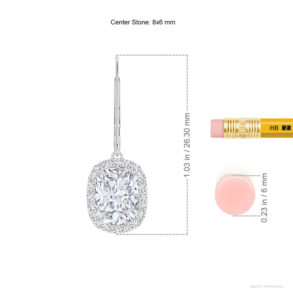 8x6mm FGVS Lab-Grown Cushion Diamond Leverback Earrings with Halo in P950 Platinum ruler