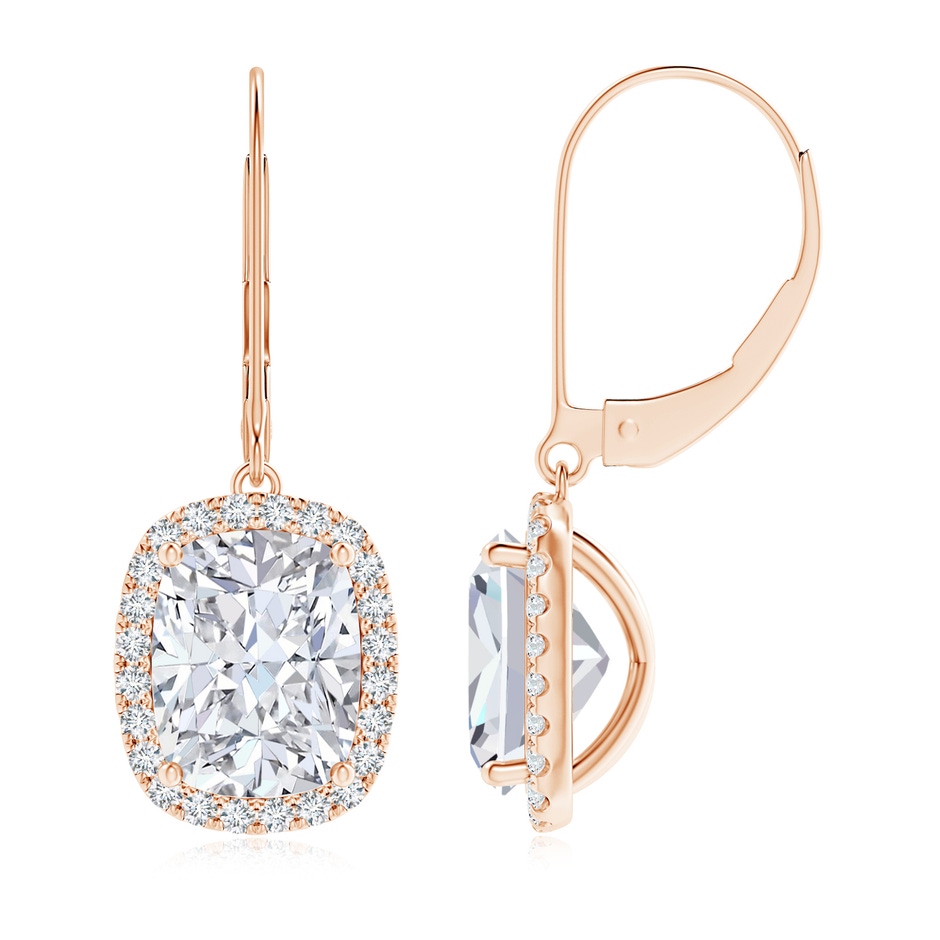 9x7mm FGVS Lab-Grown Cushion Diamond Leverback Earrings with Halo in Rose Gold 