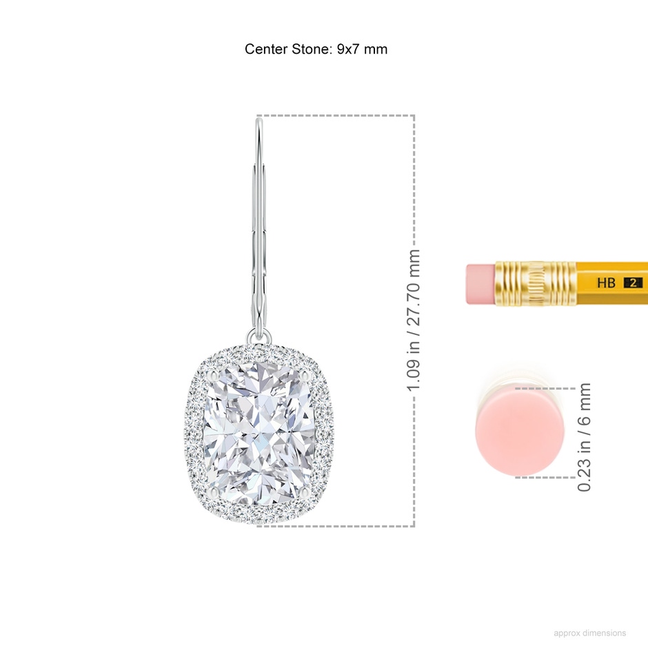 9x7mm FGVS Lab-Grown Cushion Diamond Leverback Earrings with Halo in S999 Silver ruler