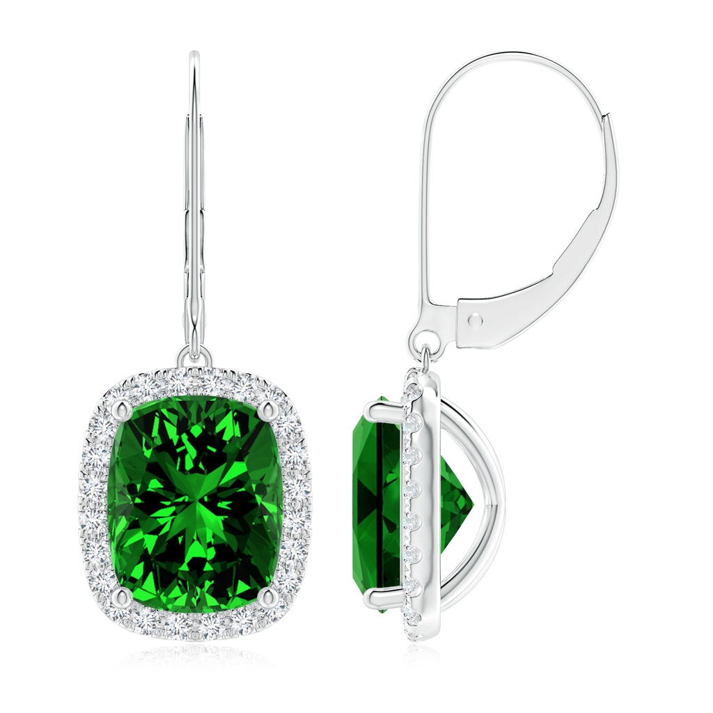 10x8mm Labgrown Lab-Grown Cushion Emerald Leverback Earrings with Lab Diamond Halo in P950 Platinum