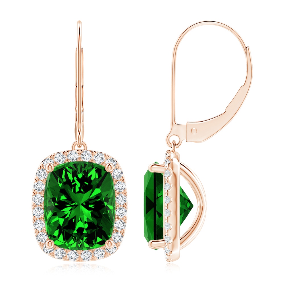 10x8mm Labgrown Lab-Grown Cushion Emerald Leverback Earrings with Lab Diamond Halo in Rose Gold