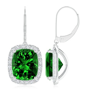 12x10mm Labgrown Lab-Grown Cushion Emerald Leverback Earrings with Lab Diamond Halo in P950 Platinum