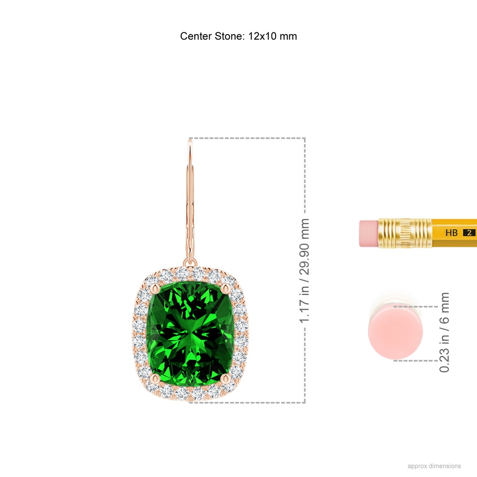 12x10mm Labgrown Lab-Grown Cushion Emerald Leverback Earrings with Lab Diamond Halo in Rose Gold ruler