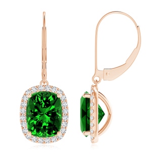 9x7mm Labgrown Lab-Grown Cushion Emerald Leverback Earrings with Lab Diamond Halo in 9K Rose Gold