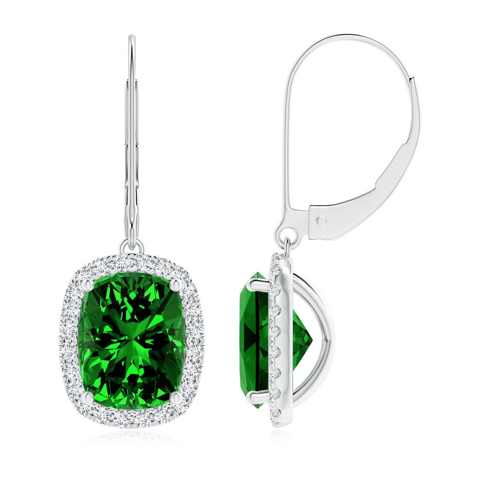 9x7mm Labgrown Lab-Grown Cushion Emerald Leverback Earrings with Lab Diamond Halo in White Gold 