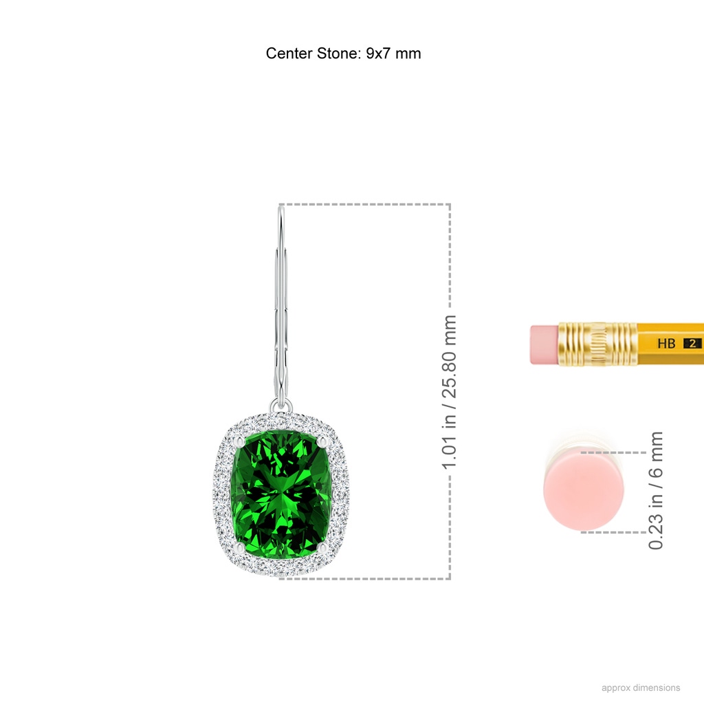 9x7mm Labgrown Lab-Grown Cushion Emerald Leverback Earrings with Lab Diamond Halo in White Gold ruler