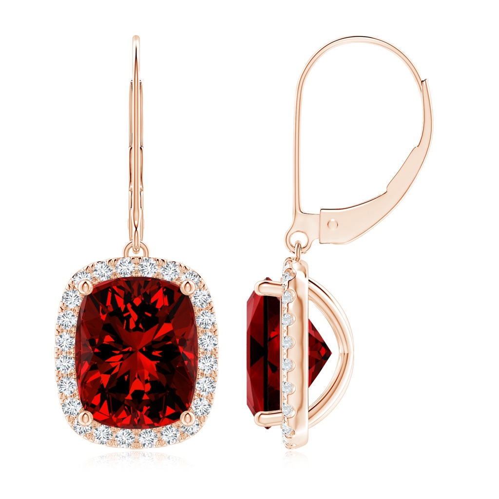 10x8mm Labgrown Lab-Grown Cushion Ruby Leverback Earrings with Lab Diamond Halo in Rose Gold