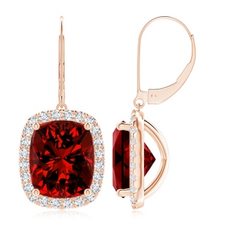 12x10mm Labgrown Lab-Grown Cushion Ruby Leverback Earrings with Lab Diamond Halo in Rose Gold