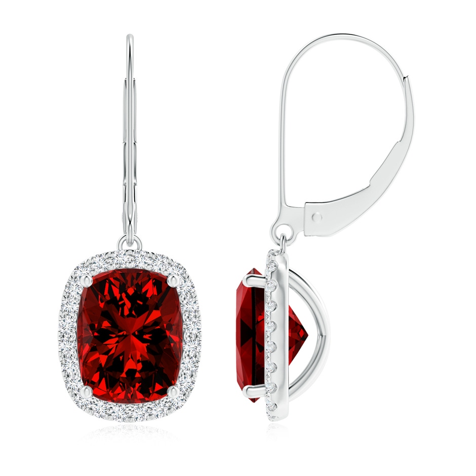 9x7mm Labgrown Lab-Grown Cushion Ruby Leverback Earrings with Lab Diamond Halo in White Gold 