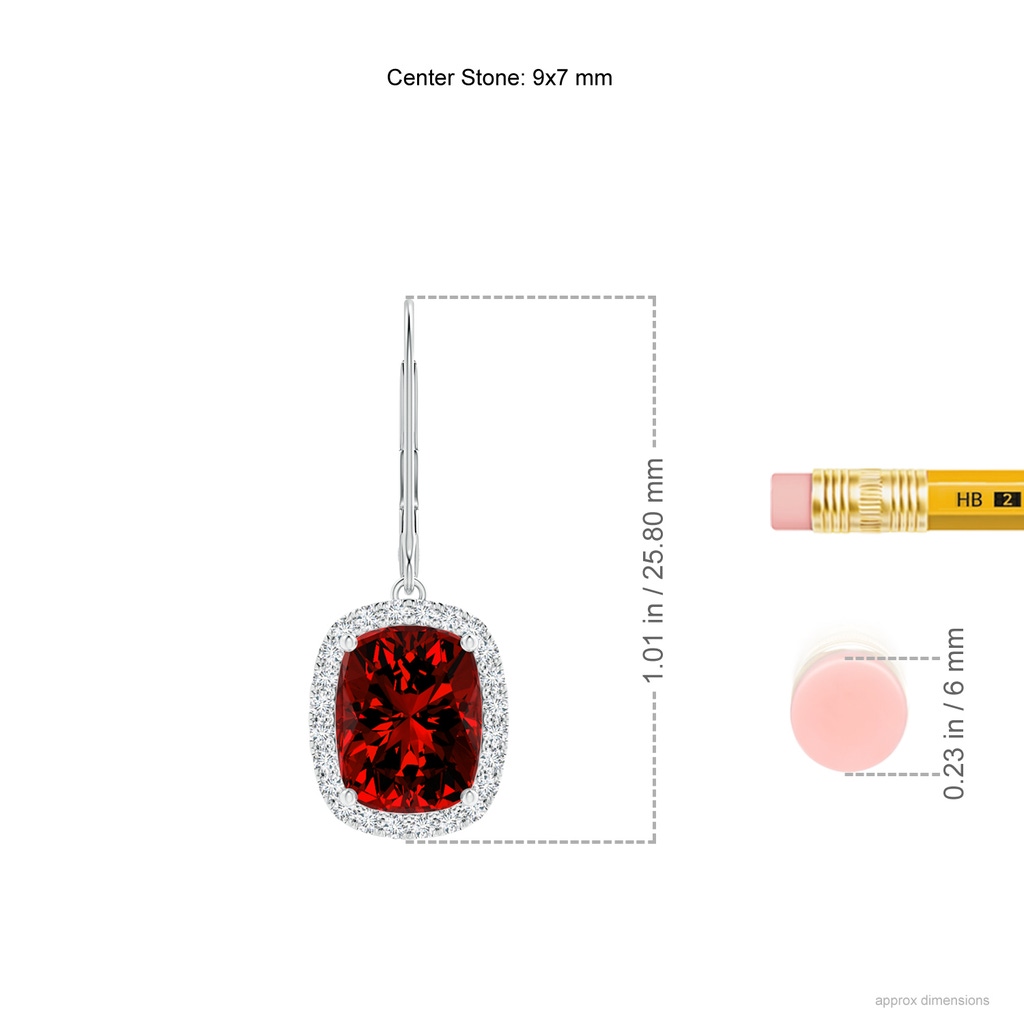 9x7mm Labgrown Lab-Grown Cushion Ruby Leverback Earrings with Lab Diamond Halo in White Gold ruler