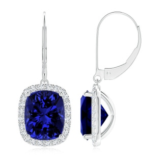 10x8mm Labgrown Lab-Grown Cushion Blue Sapphire Leverback Earrings with Lab Diamond Halo in P950 Platinum