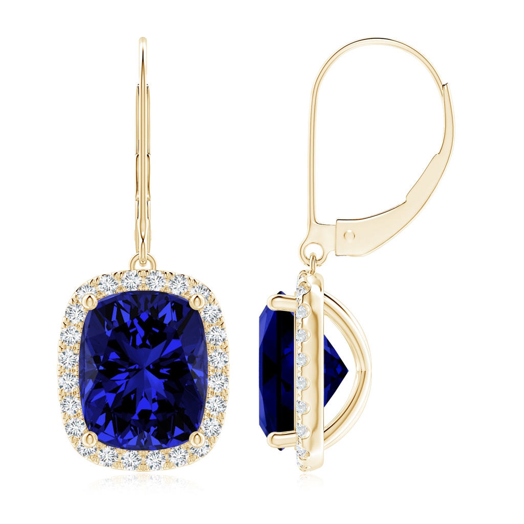 10x8mm Labgrown Lab-Grown Cushion Blue Sapphire Leverback Earrings with Lab Diamond Halo in Yellow Gold