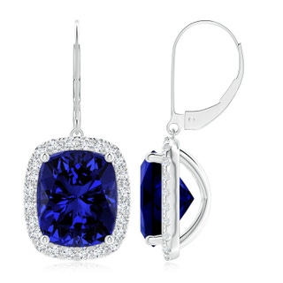 12x10mm Labgrown Lab-Grown Cushion Blue Sapphire Leverback Earrings with Lab Diamond Halo in P950 Platinum