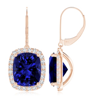 12x10mm Labgrown Lab-Grown Cushion Blue Sapphire Leverback Earrings with Lab Diamond Halo in Rose Gold