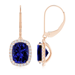 9x7mm Labgrown Lab-Grown Cushion Blue Sapphire Leverback Earrings with Lab Diamond Halo in 10K Rose Gold