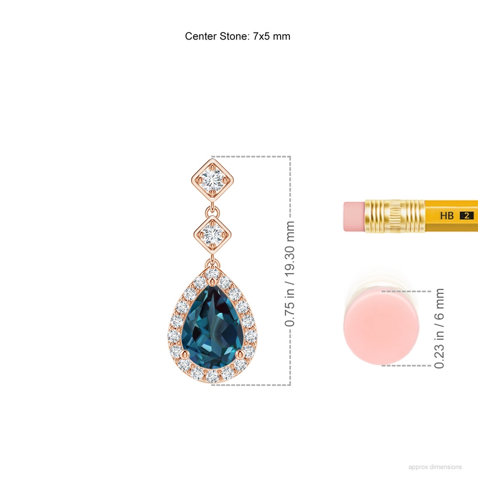 7x5mm Labgrown Pear Lab-Grown Alexandrite Drop Earrings with Diamond Halo in Rose Gold ruler