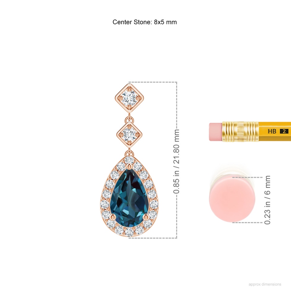 8x5mm Labgrown Pear Lab-Grown Alexandrite Drop Earrings with Diamond Halo in Rose Gold ruler