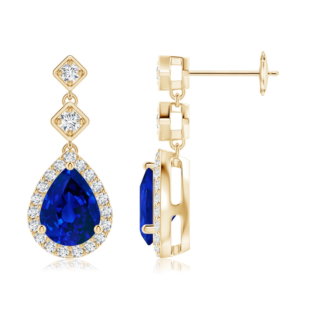 8x6mm Labgrown Lab-Grown Pear Blue Sapphire Drop Earrings with Lab Diamond Halo in Yellow Gold