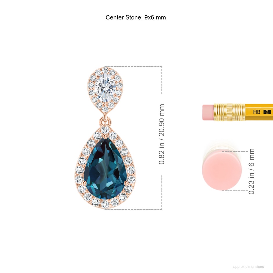 9x6mm Labgrown Pear Lab-Grown Alexandrite & Oval Diamond Drop Earrings with Halo in Rose Gold ruler