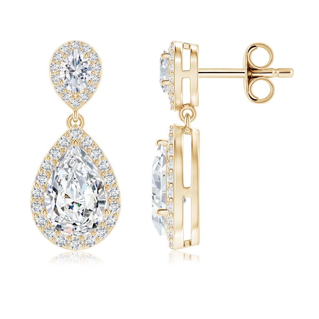 9x5.5mm FGVS Oval and Pear Lab-Grown Diamond Halo Drop Earrings in Yellow Gold