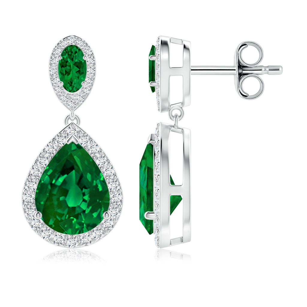 10x8mm Labgrown Oval and Pear Lab-Grown Emerald Halo Drop Earrings in White Gold