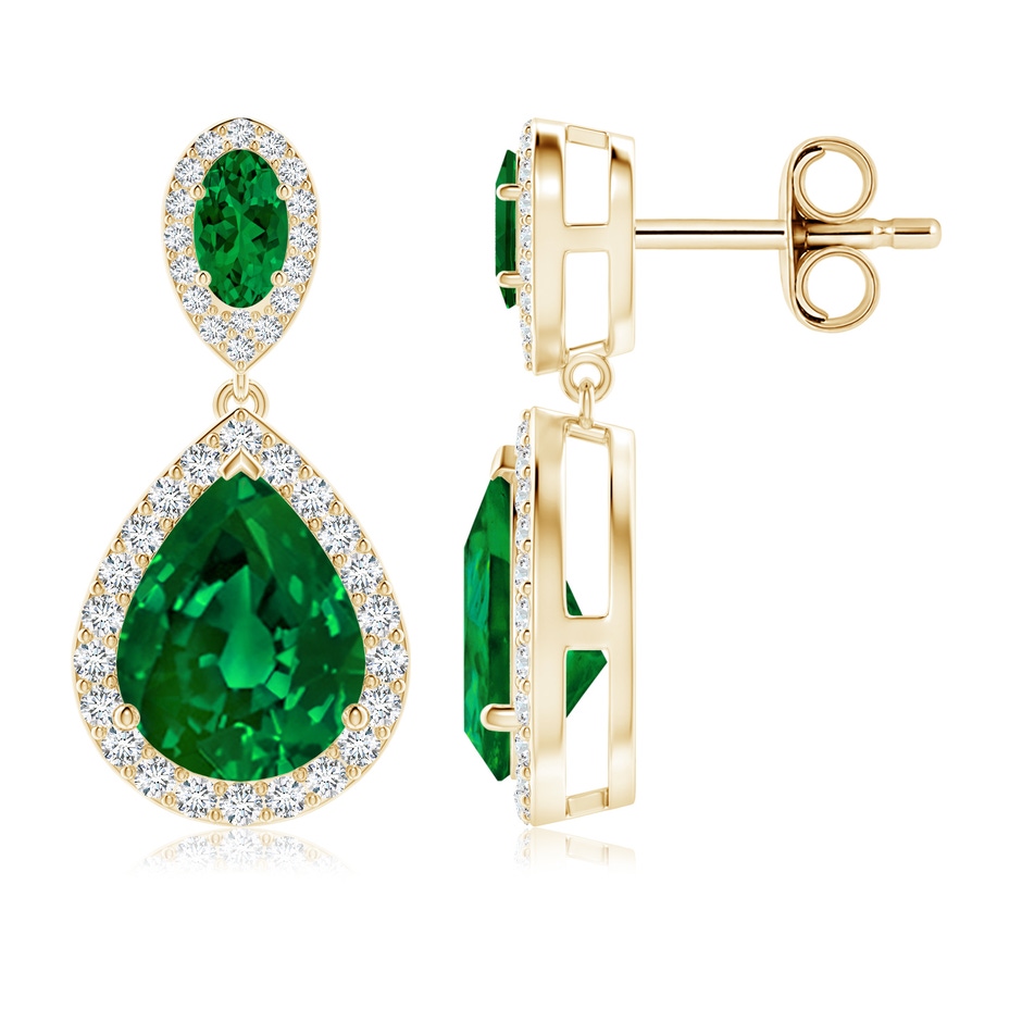 10x8mm Labgrown Oval and Pear Lab-Grown Emerald Halo Drop Earrings in Yellow Gold 