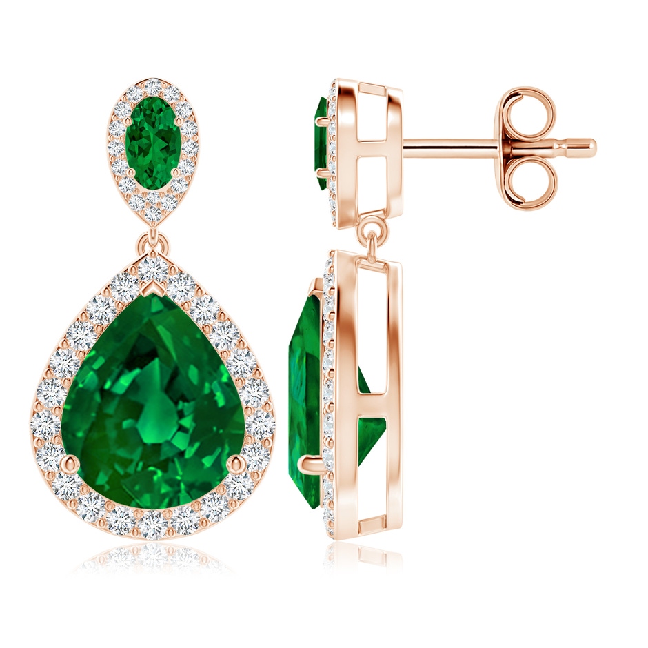 12x10mm Labgrown Oval and Pear Lab-Grown Emerald Halo Drop Earrings in 18K Rose Gold 