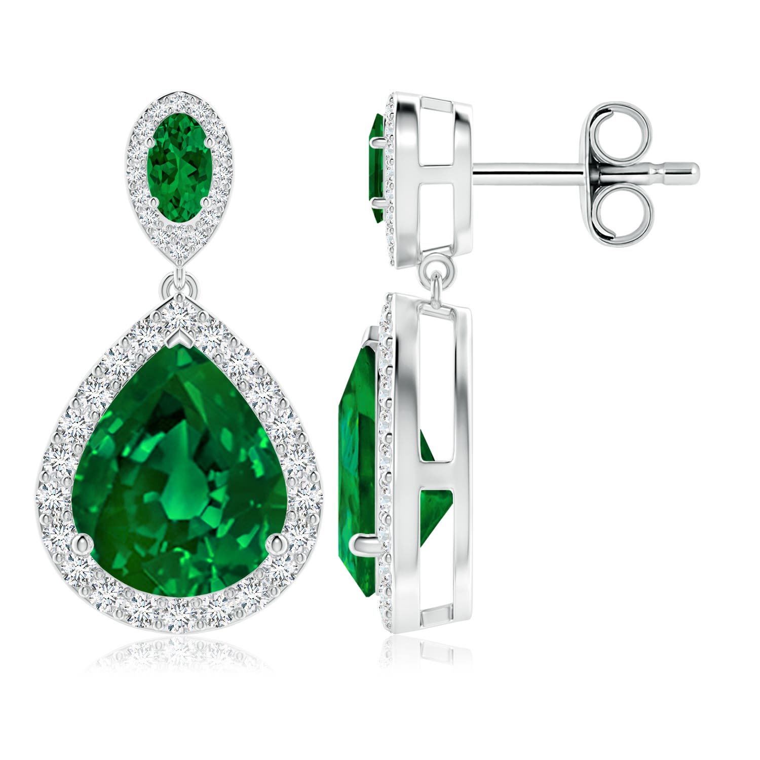 12x10mm Labgrown Oval and Pear Lab-Grown Emerald Halo Drop Earrings in White Gold