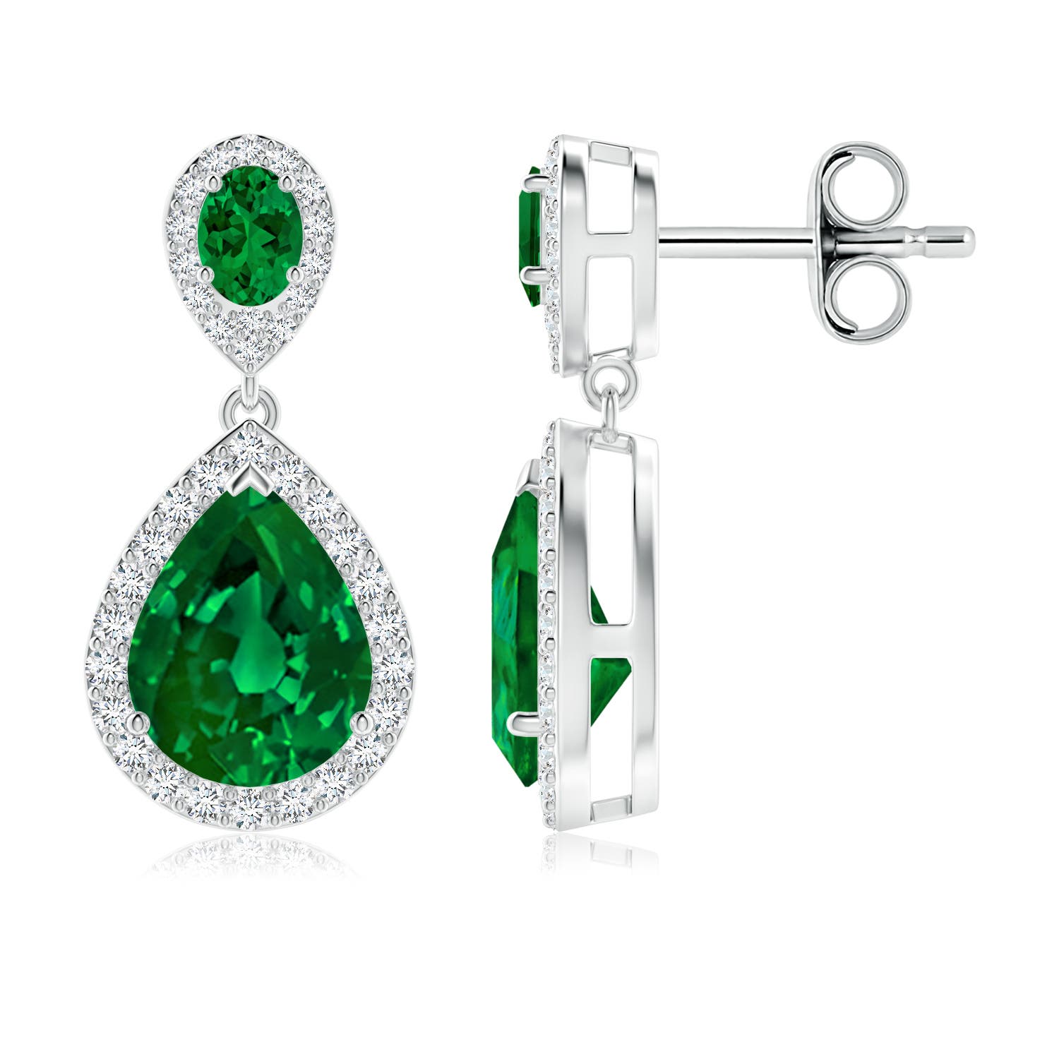 9x7mm Labgrown Oval and Pear Lab-Grown Emerald Halo Drop Earrings in White Gold