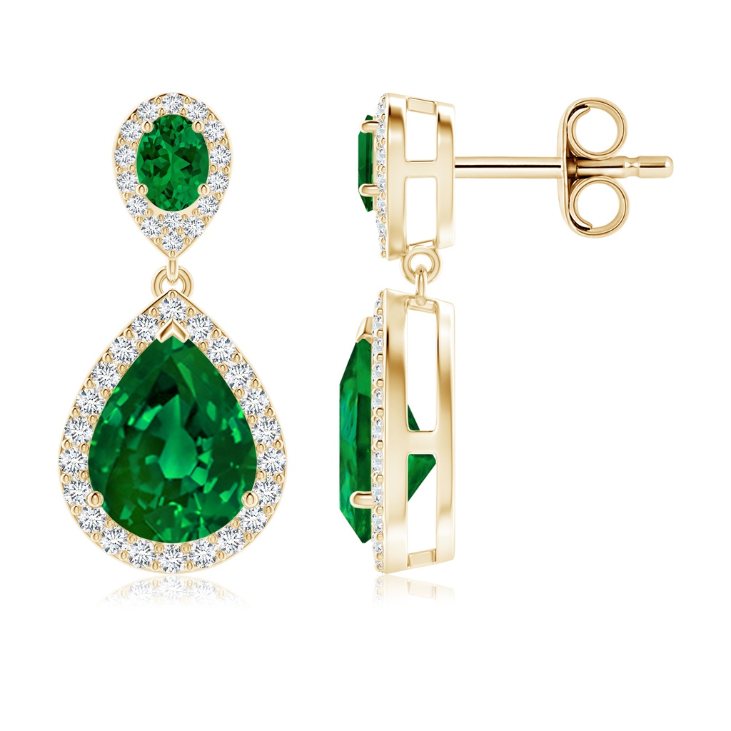9x7mm Labgrown Oval and Pear Lab-Grown Emerald Halo Drop Earrings in Yellow Gold