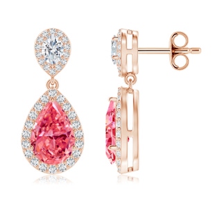 9x5.5mm Labgrown Oval & Pear Lab-Grown Fancy Intense Pink Diamond Drop Earrings with Halo in 9K Rose Gold