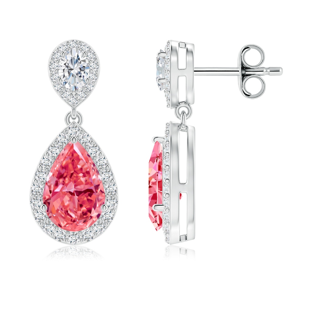 9x5.5mm Labgrown Oval & Pear Lab-Grown Fancy Intense Pink Diamond Drop Earrings with Halo in White Gold