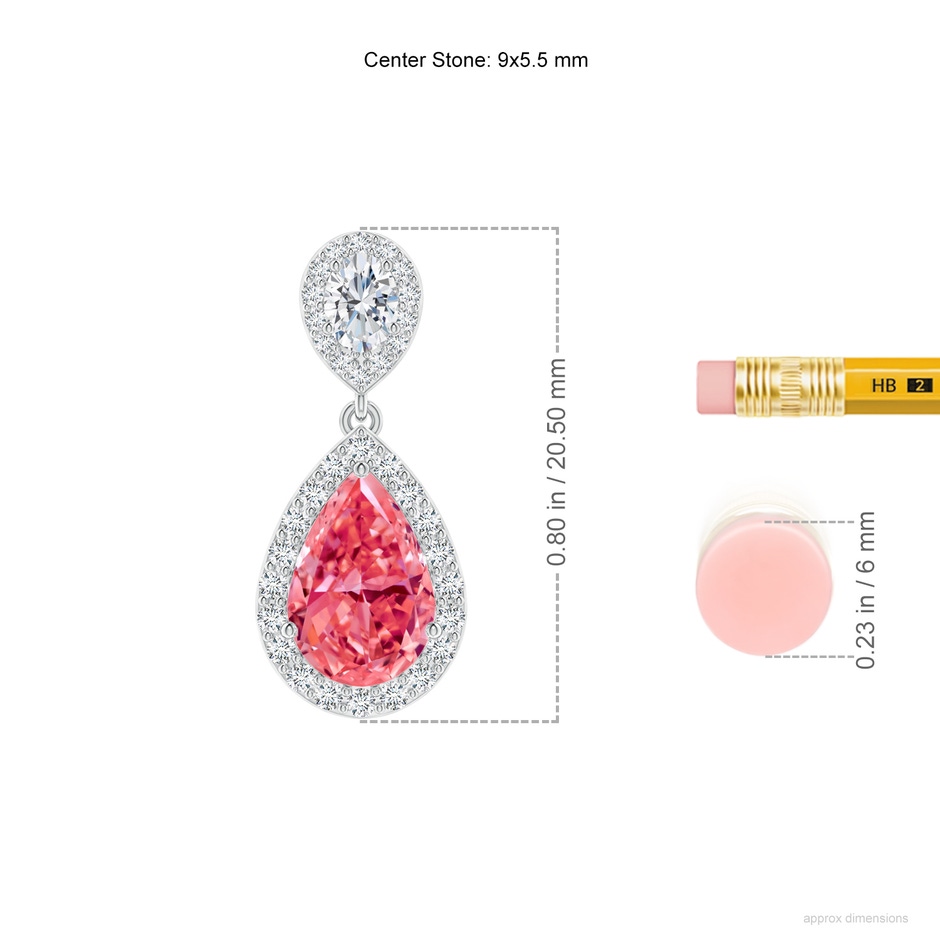 9x5.5mm Labgrown Oval & Pear Lab-Grown Fancy Intense Pink Diamond Drop Earrings with Halo in White Gold ruler