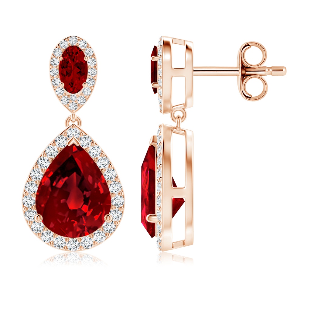 10x8mm Labgrown Oval and Pear Lab-Grown Ruby Halo Drop Earrings in Rose Gold