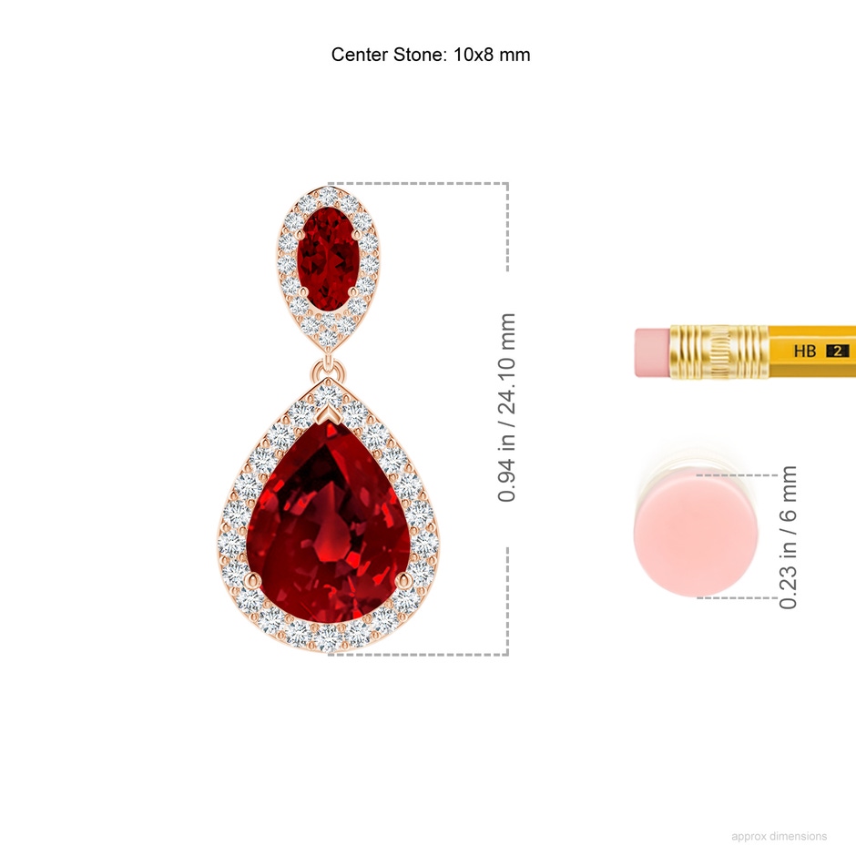 10x8mm Labgrown Oval and Pear Lab-Grown Ruby Halo Drop Earrings in Rose Gold ruler