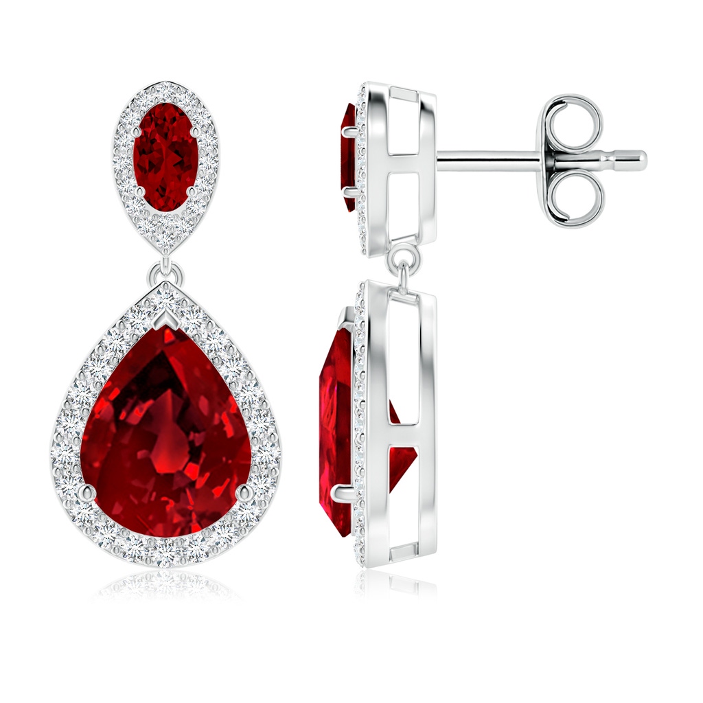 10x8mm Labgrown Oval and Pear Lab-Grown Ruby Halo Drop Earrings in White Gold