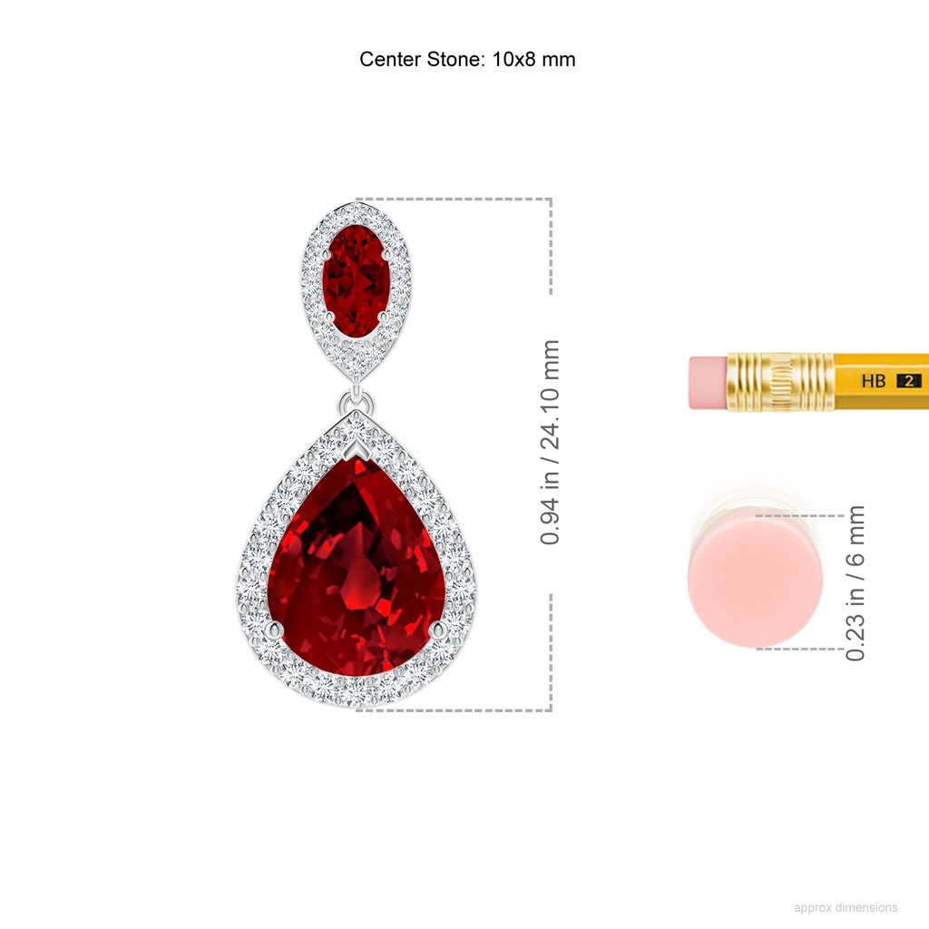 10x8mm Labgrown Oval and Pear Lab-Grown Ruby Halo Drop Earrings in White Gold ruler