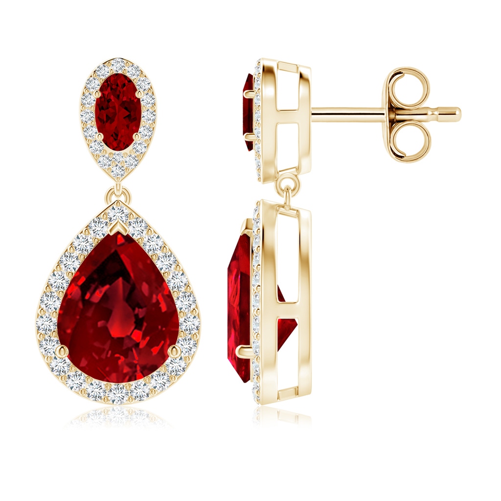 10x8mm Labgrown Oval and Pear Lab-Grown Ruby Halo Drop Earrings in Yellow Gold