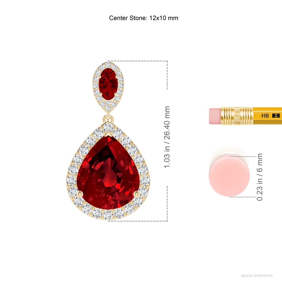 12x10mm Labgrown Oval and Pear Lab-Grown Ruby Halo Drop Earrings in Yellow Gold ruler