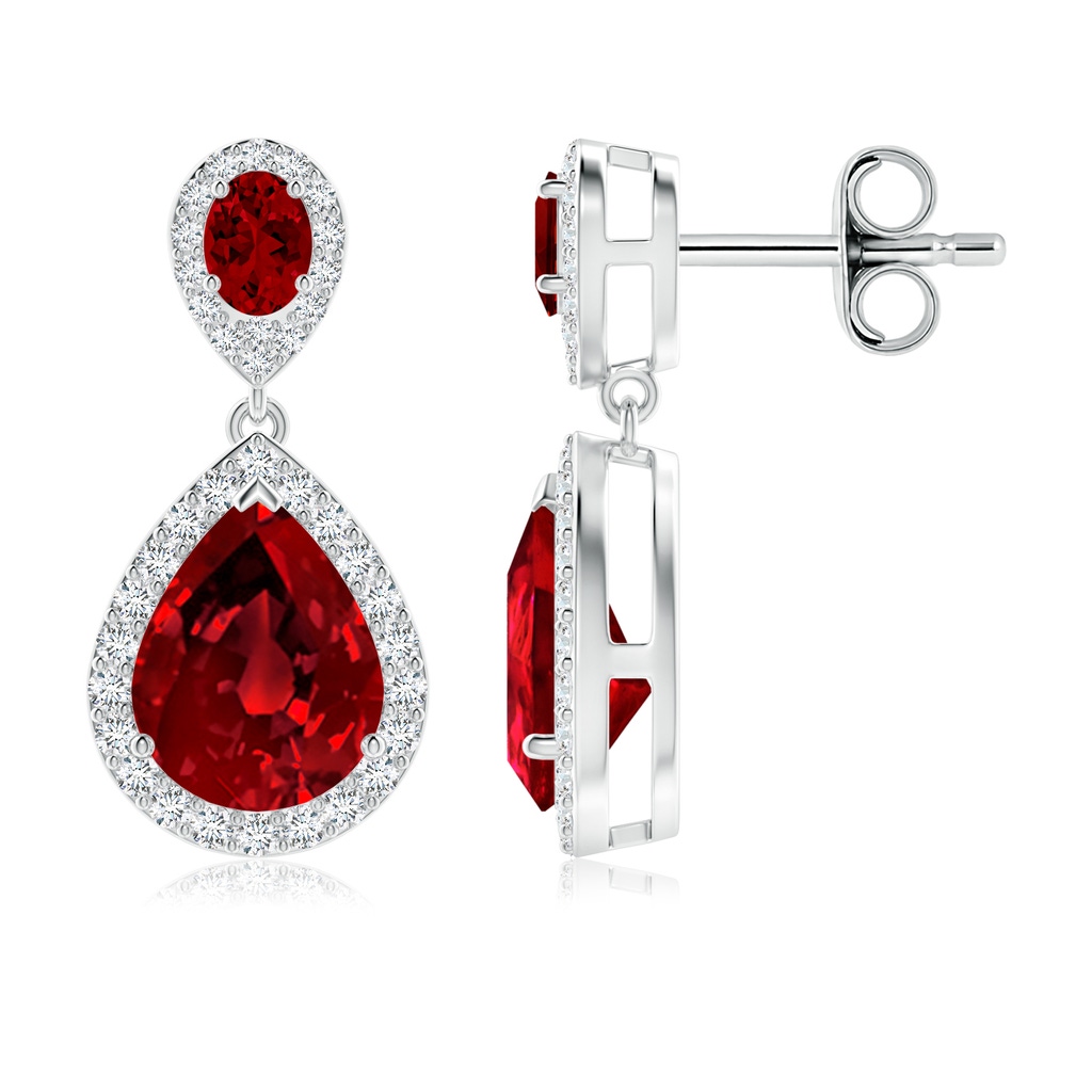 9x7mm Labgrown Oval and Pear Lab-Grown Ruby Halo Drop Earrings in 18K White Gold