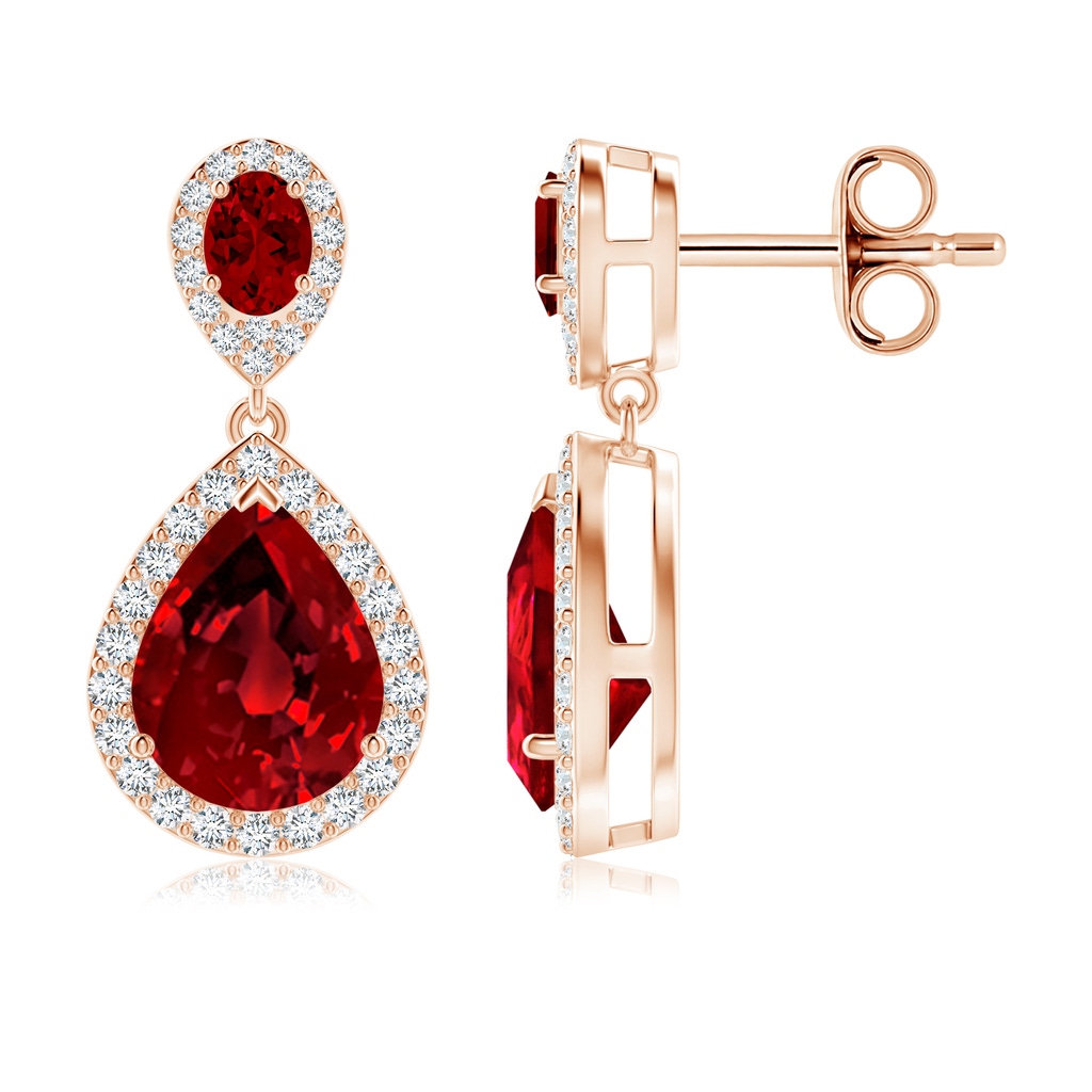 9x7mm Labgrown Oval and Pear Lab-Grown Ruby Halo Drop Earrings in Rose Gold