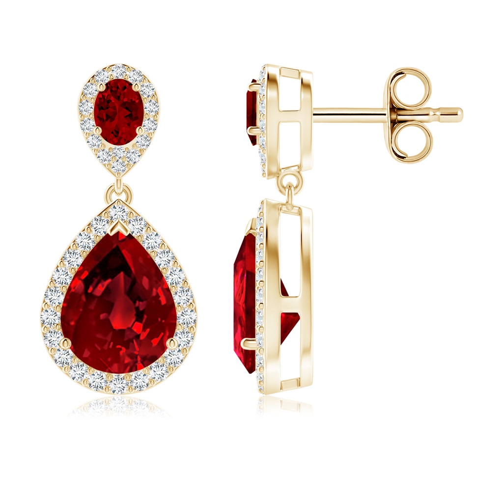 9x7mm Labgrown Oval and Pear Lab-Grown Ruby Halo Drop Earrings in Yellow Gold